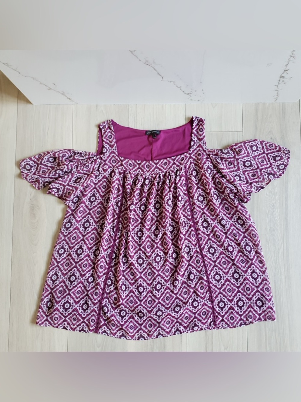 Lane Bryant Magenta Geometric Cold-Shoulder Blouse